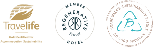 Three circular sustainability certification logos for hotels: Travelife Gold, Regenerative Travel, and Boardwalk's Do Good Program.