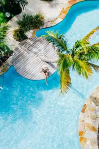 Drone shot of main pool at Boardwalk Boutique Hotel Aruba