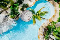 Aerial view of the pool at Boardwalk Boutique Hotel Aruba surrounded by palm trees.