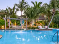 Tropical pool at Boardwalk Boutique Hotel Aruba with palm trees and poolside hammocks.