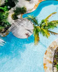 Drone shot of main pool at Boardwalk Boutique Hotel Aruba