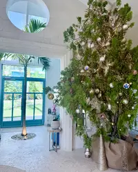 Boardwalk Boutique Hotel Aruba lobby entrance with blue doors and a tropical Christmas tree decorated with lights and ornaments.
